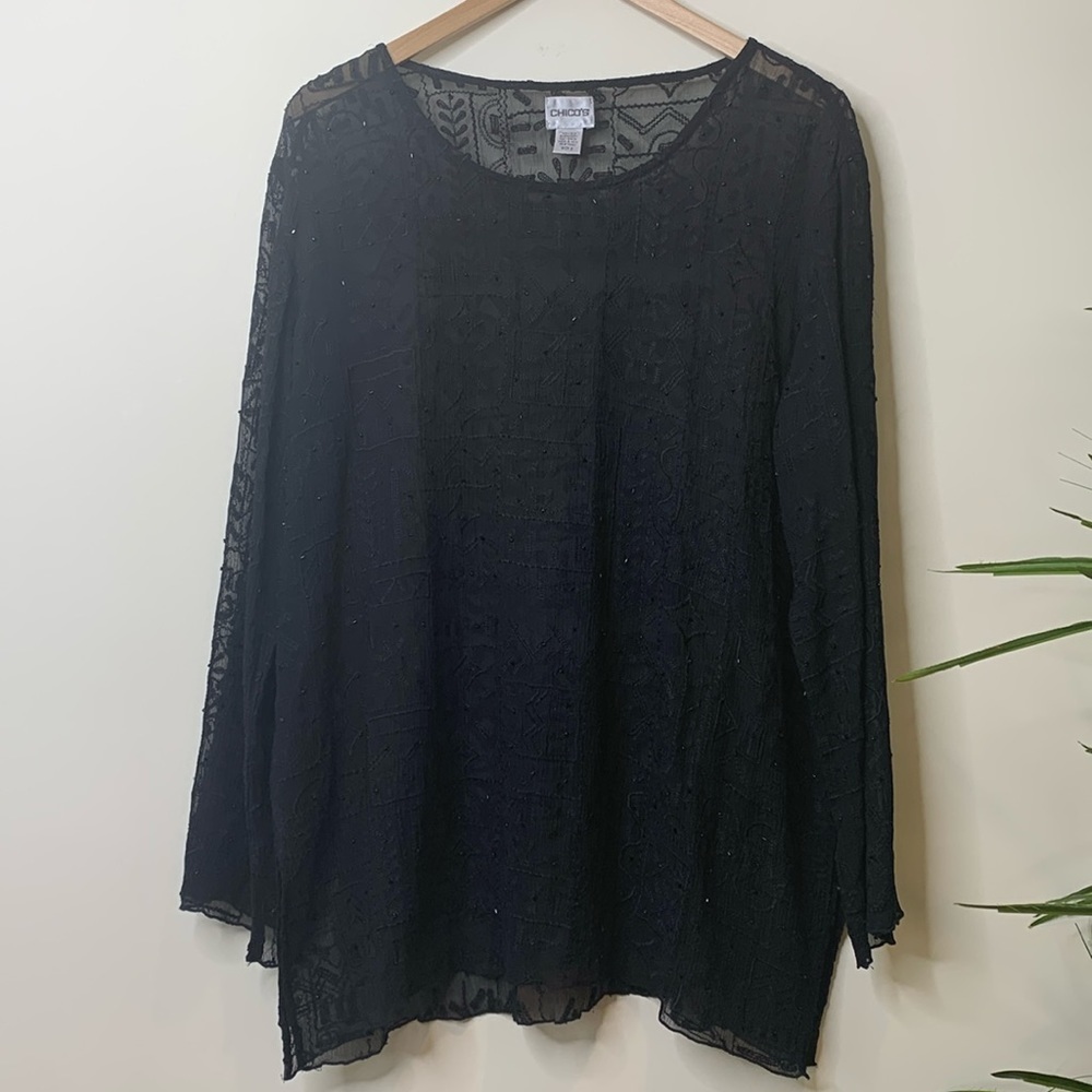 Chico’s | Black Silk Beaded Sheer Bell Sleeve Textured Embroidered Tunic Top 2 M